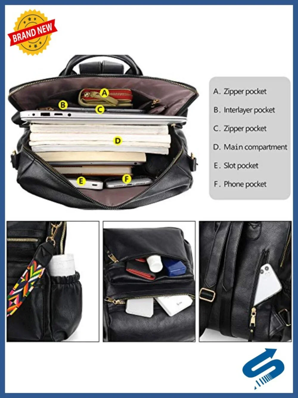 PU Leather Travel Backpack with Multiple Pockets, U-Shaped Zipper, Detachable